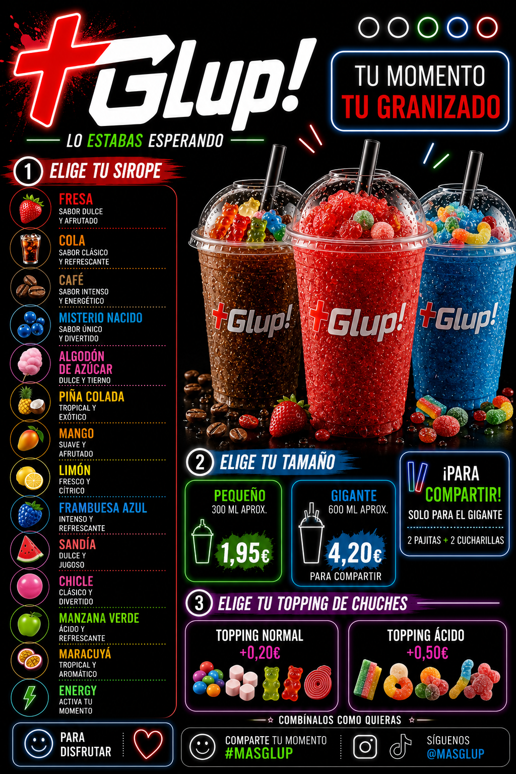 Cartel de granizados +Glup! con 14 sabores y toppings de chuches