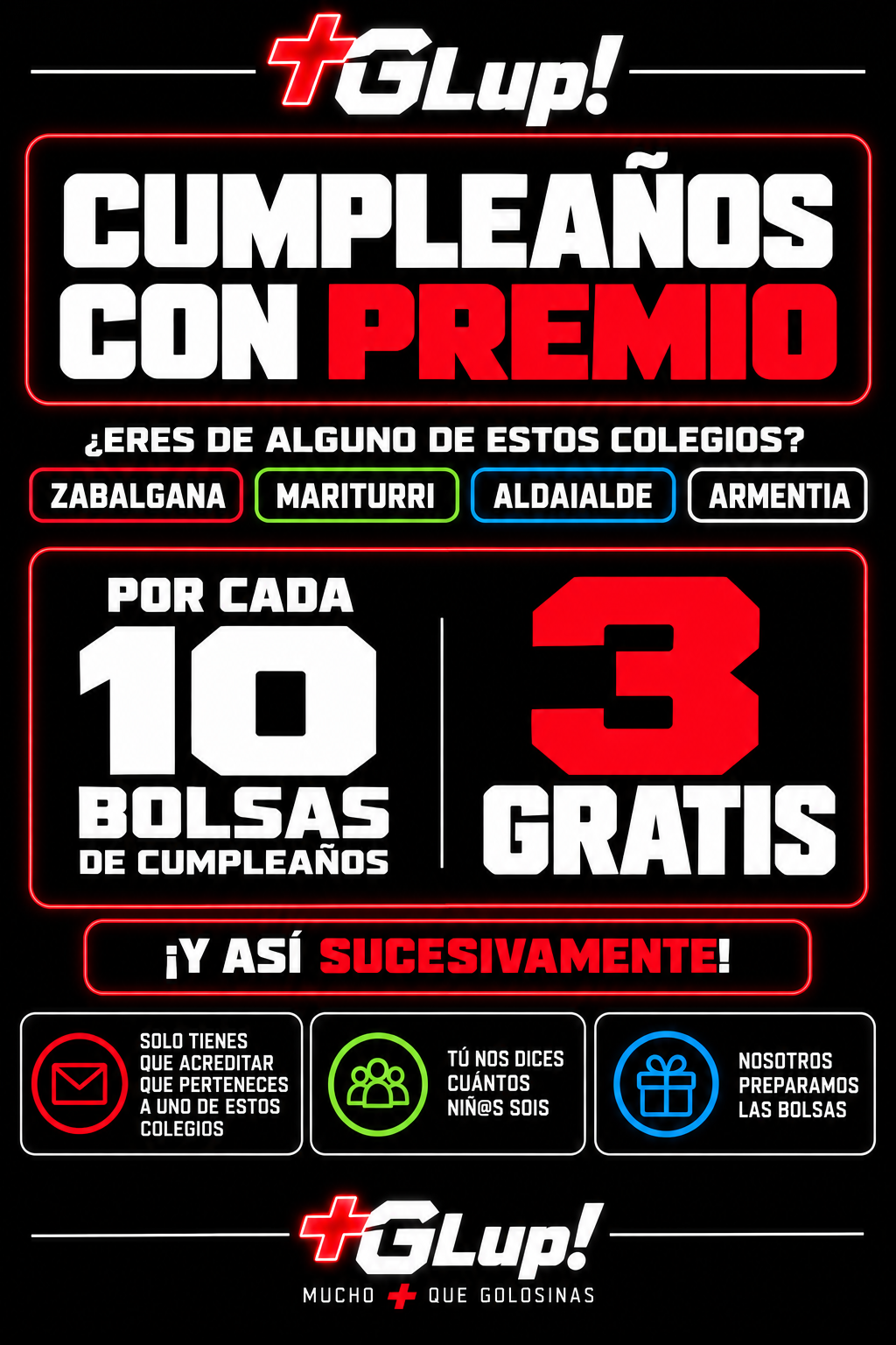 Promoción Cumpleaños con Premio de +Glup! para colegios de Zabalgana, Mariturri, Aldaialde y Armentia