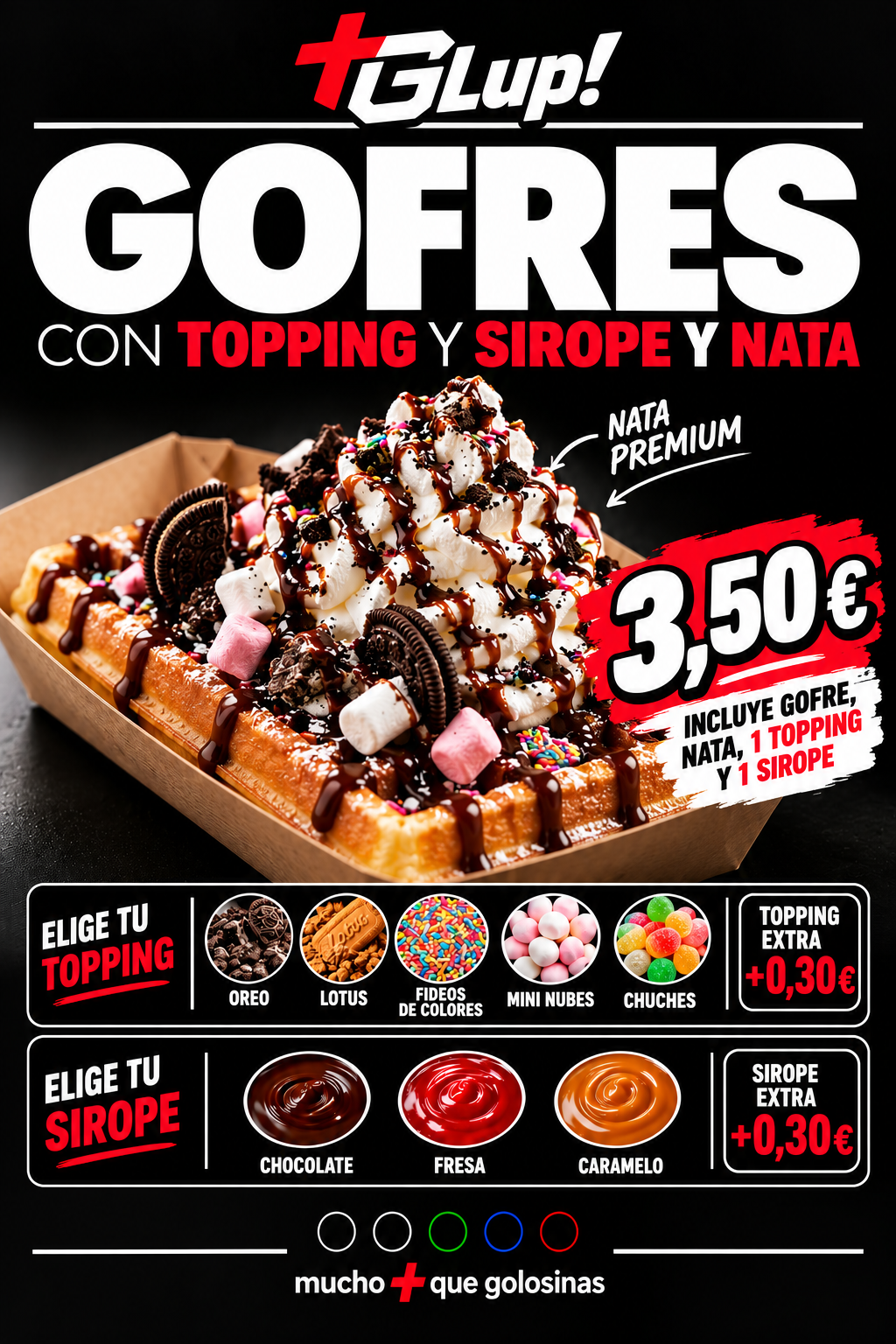 Cartel de +Glup!: nuevos gofres con topping, sirope y nata premium por 3,50€
